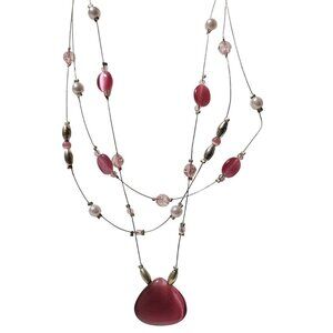 Elegant Pink Beaded Necklace Pink Pendant Multi Layered Statement Jewelry Women